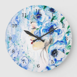 Flowers Girl Wall Clock - Blue Fantasy - Painting Grote Klok
