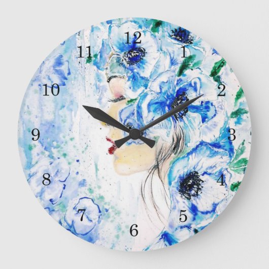 Flowers Girl Wall Clock - Blue Fantasy - Painting Grote Klok (Voorkant)