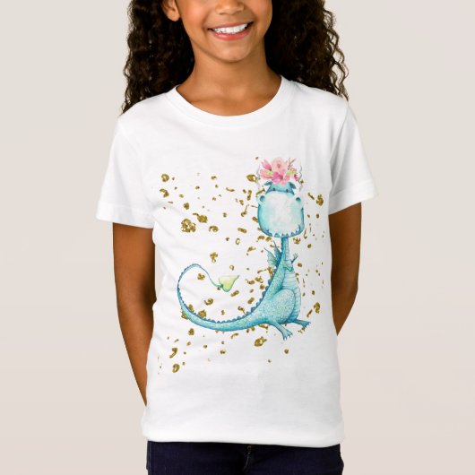 *~* Flowers Glitter Blue Girly Dragon Dinosaur T-shirt (Voorkant)