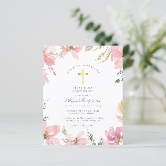 Flowers & Gold Cross First Heilige Community Budge (Staand voorkant)