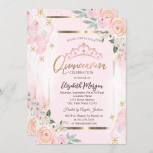 Flowers Gold Lijst Roze Roses Quinceañera Kaart