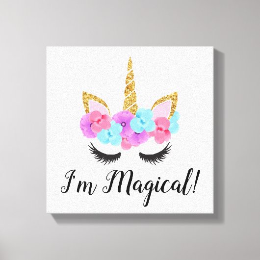 Flowers Gold Magical Unicorn Girls Canvas Afdruk (Voorkant)