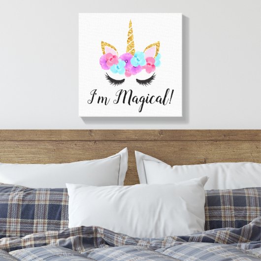 Flowers Gold Magical Unicorn Girls Canvas Afdruk (Insitu (Slaapkamer))