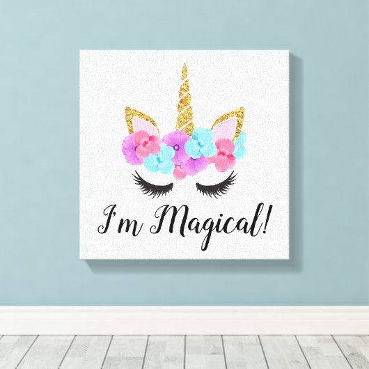 Flowers Gold Magical Unicorn Girls Canvas Afdruk (Insitu (Houten vloer))