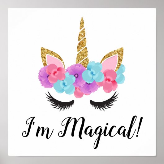 Flowers Gold Magical Unicorn Girls Poster (Voorkant)