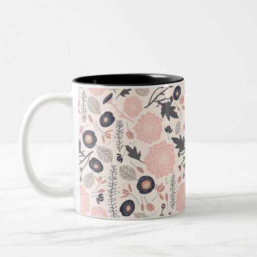 Flowers Grey Pink Black Playful Tossed Tweekleurige Koffiemok (Links)