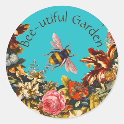 FLOWERS ,HONEY BEE IN BLUE SKY FLORAL BEEKEEPING RONDE STICKER (Voorkant)