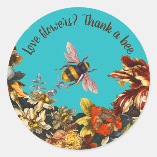 FLOWERS ,HONEY BEE IN BLUE SKY FLORAL BEEKEEPING RONDE STICKER (Voorkant)