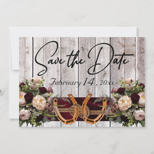 Flowers & Horseshoes, Burgundy Ribbon Wedding Save The Date (Voorkant)