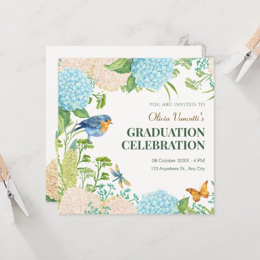 Flowers Hydrangea Bird Butterfly afstuderen Kaart (Voorkant / Achterkant in situ)