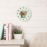 Flowers in a Pot Cozy Shabby Cute Grote Klok<br><div class="desc">A clock with a whimsical stylish pot of flowers. Green,  pink and cream colors. Set in a green pot with a plaid cloth. Shabby vintage vibe.</div>