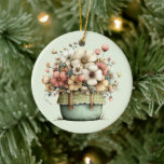 Flowers in a Pot Cozy Shabby Cute Keramisch Ornament<br><div class="desc">Ornament with a whimsical stylish pot of flowers. Green,  pink and cream colors. Set in a green pot with a plaid cloth. Shabby vintage vibe.</div>