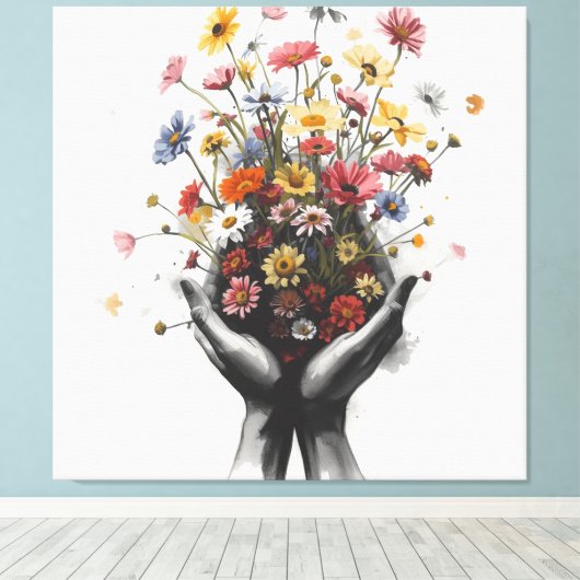 Flowers in Sketched hands Canvas Afdruk (Insitu (Houten vloer))