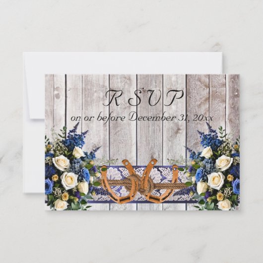 Flowers, Lace & Horseshoes, Blue Ribbon RSVP Kaartje (Voorkant)