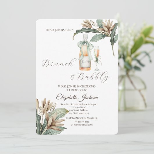 Flowers Leaf Champagne Glass Vrijgezellenfeest Kaart (Staand voorkant)