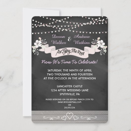 Flowers & Lights Chalkboard Wedding Invite Kaart (Voorkant)