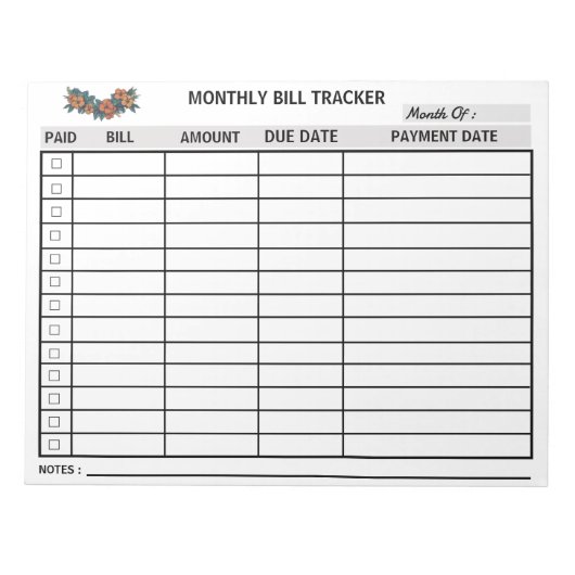 Flowers Maandelijkse Bill Tracker Notitieblok gepe (Voorkant)