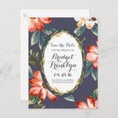 Flowers Navy and Gold Bewaar de datum Aankondigingskaart (Voorkant / Achterkant)