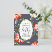 Flowers Navy and Gold Bewaar de datum Aankondigingskaart (Staand voorkant)