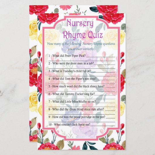 Flowers Nursery Rhyme Quiz baby shower game (Voorkant / Achterkant)
