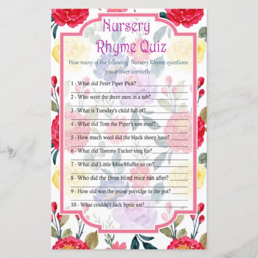 Flowers Nursery Rhyme Quiz baby shower game (Voorkant)