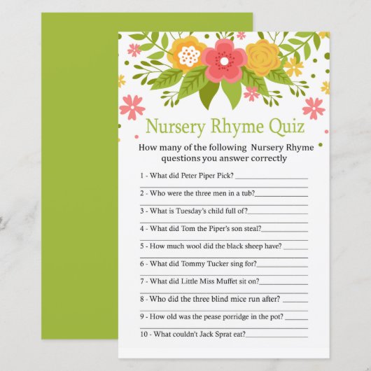 Flowers Nursery Rhyme Quiz baby shower game (Voorkant / Achterkant)