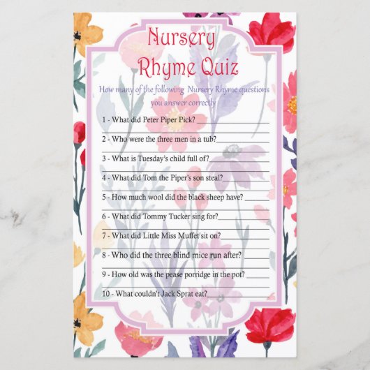 Flowers Nursery Rhyme Quiz baby shower game (Voorkant)