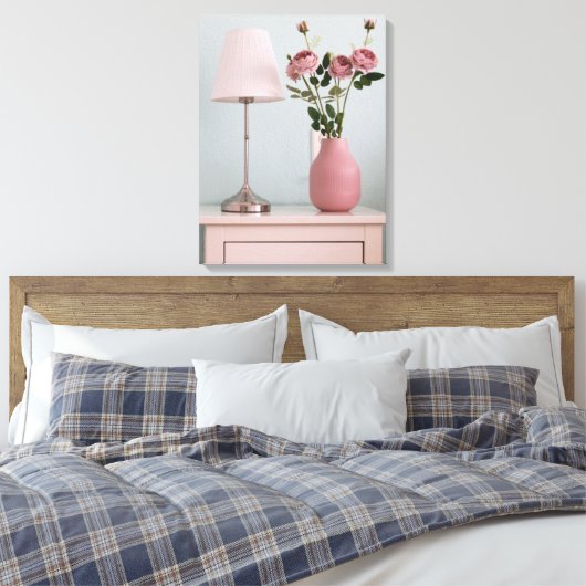 Flowers | Pale Pink Roses on Nightstand Canvas Afdruk (Insitu (Slaapkamer))