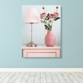 Flowers | Pale Pink Roses on Nightstand Canvas Afdruk (Insitu (Houten vloer))