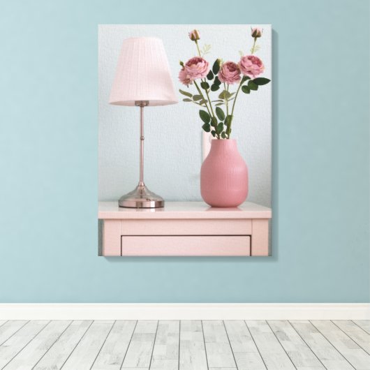 Flowers | Pale Pink Roses on Nightstand Canvas Afdruk (Insitu (Houten vloer))