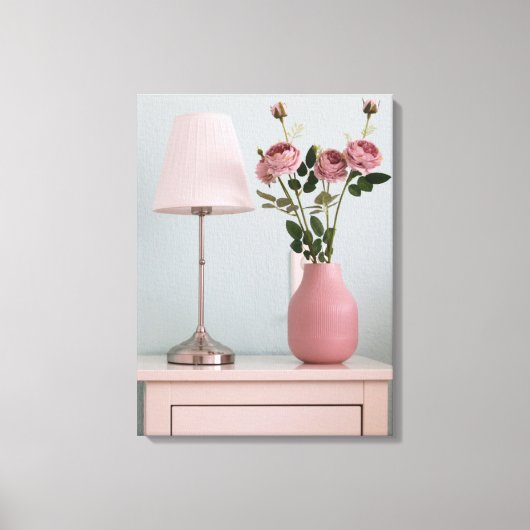 Flowers | Pale Pink Roses on Nightstand Canvas Afdruk (Voorkant)