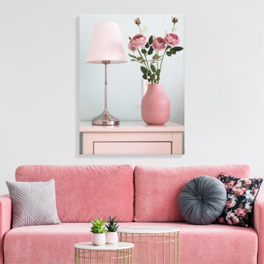 Flowers | Pale Pink Roses on Nightstand Canvas Afdruk (Insitu (Woonkamer))