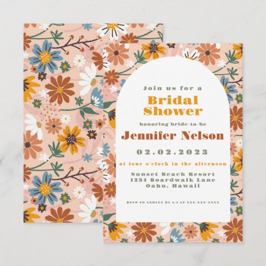 Flowers Pattern Boho 70s Bridal Shower Invitation Kaart (Voorkant / Achterkant)