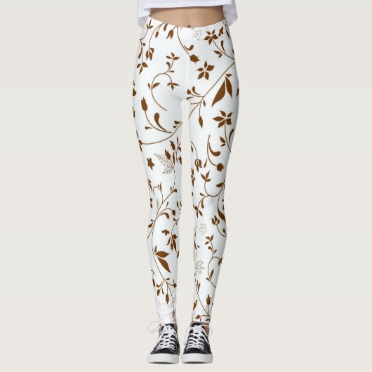 Flowers Pattern White en Brown Leggings (Voorkant)