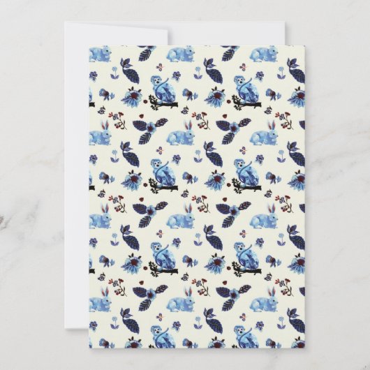 Flowers Rabbit Monkey Blue White Vintage Feestdagenkaart (Voorkant)