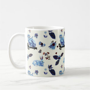 Flowers Rabbit Monkey Blue White Vintage Koffiemok