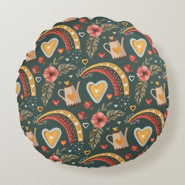 Flowers & Rainbows Boho Pattern Rond Kussen (Voorkant)