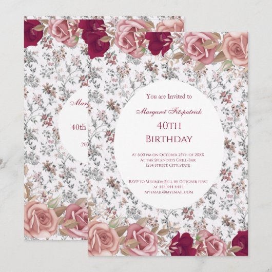 Flowers Red Roze Roses White Birthday Party Kaart (Voorkant / Achterkant)