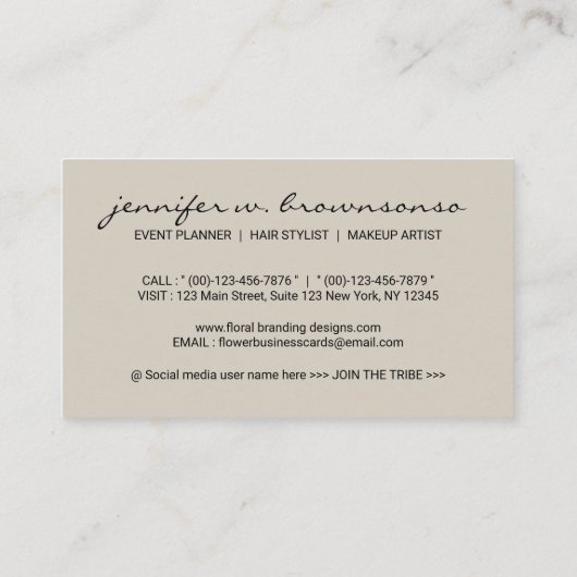 Flowers Sketch Beige Script Signature Classy Visitekaartje (Achterkant)