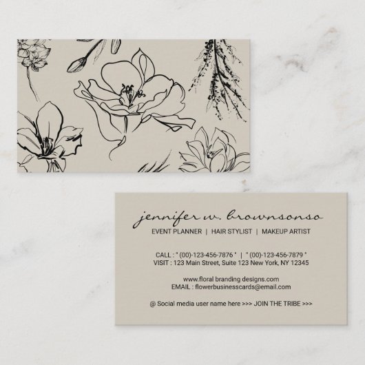 Flowers Sketch Beige Script Signature Classy Visitekaartje (Voorkant / Achterkant)