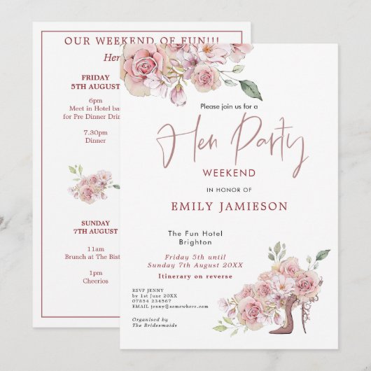 Flowers Stiletto Weekend Itinerary Hen Party Kaart (Voorkant / Achterkant)