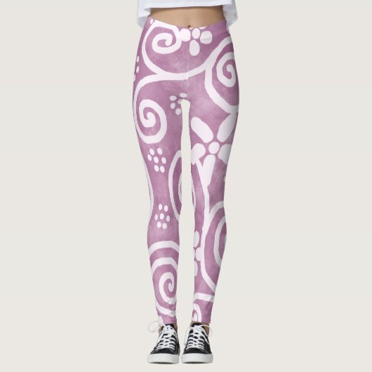 Flowers Swirls Dusty Pink White Pattern Whimsical Leggings (Voorkant)