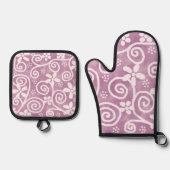 Flowers Swirls Dusty Pink White Pattern Whimsical Ovenwant & Pannenlap Set (Voorkant)
