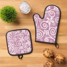 Flowers Swirls Dusty Pink White Pattern Whimsical Ovenwant & Pannenlap Set