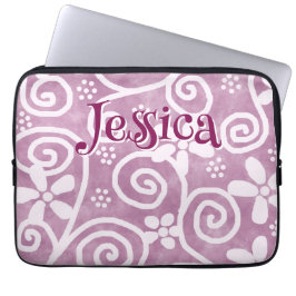 Flowers Swirls Pink White Pattern Personalized Laptop Sleeve