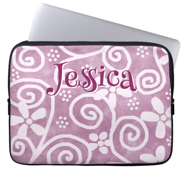 Flowers Swirls Pink White Pattern Personalized Laptop Sleeve (Voorkant)