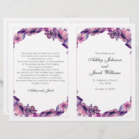 Flowers trouwprogramma. Paarse kerkplechtigheid (Voorkant / Achterkant)