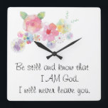 Flowers & Verses Faith Wall clock Vierkante Klok<br><div class="desc">Inspirational reminder of HIS promises. 
Beautiful and thoughtful gift for any woman of faith!</div>