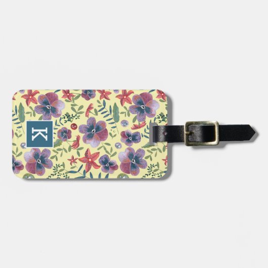 Flowers Violets floral all-over print monogram Bagagelabel (Voorkant horizontaal)