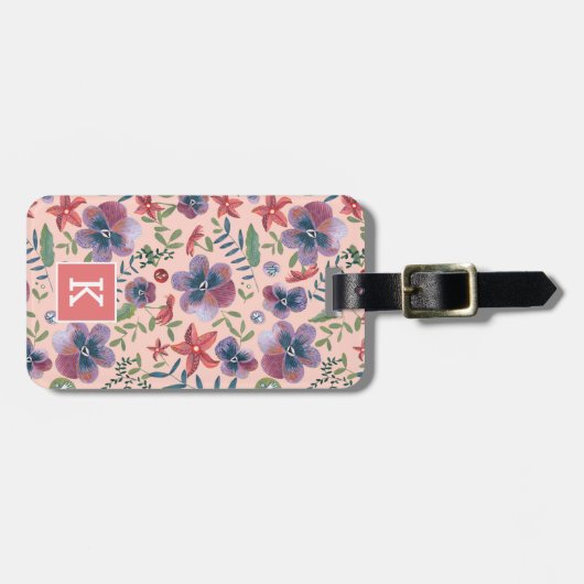 Flowers Violets floral all-over print monogram Lug Bagagelabel (Voorkant horizontaal)